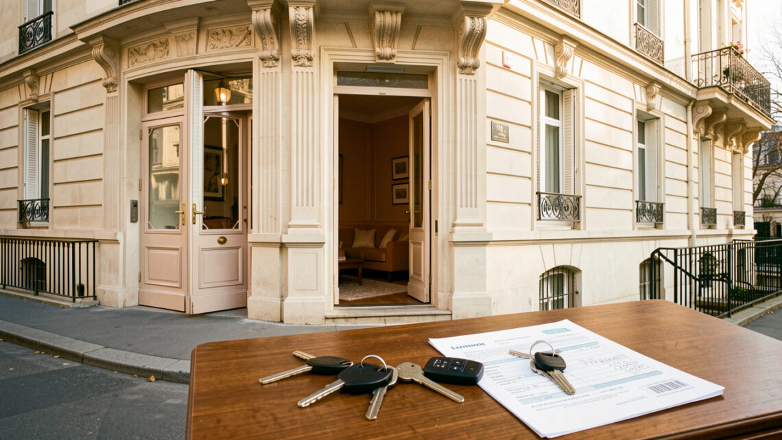 Entrée élégante d’un immeuble parisien donnant sur un petit logement de gardien meublé, avec des clés posées sur un bureau.