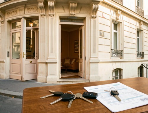 Entrée élégante d’un immeuble parisien donnant sur un petit logement de gardien meublé, avec des clés posées sur un bureau.