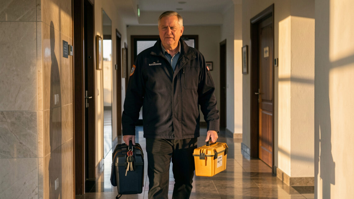 Un homme d’âge mûr portant une veste de sécurité avance dans le hall d’un immeuble avec un trousseau de clés et une mallette d’entretien, à la lumière de l’aube.