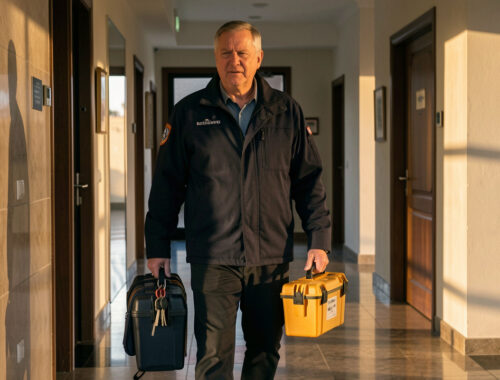 Un homme d’âge mûr portant une veste de sécurité avance dans le hall d’un immeuble avec un trousseau de clés et une mallette d’entretien, à la lumière de l’aube.