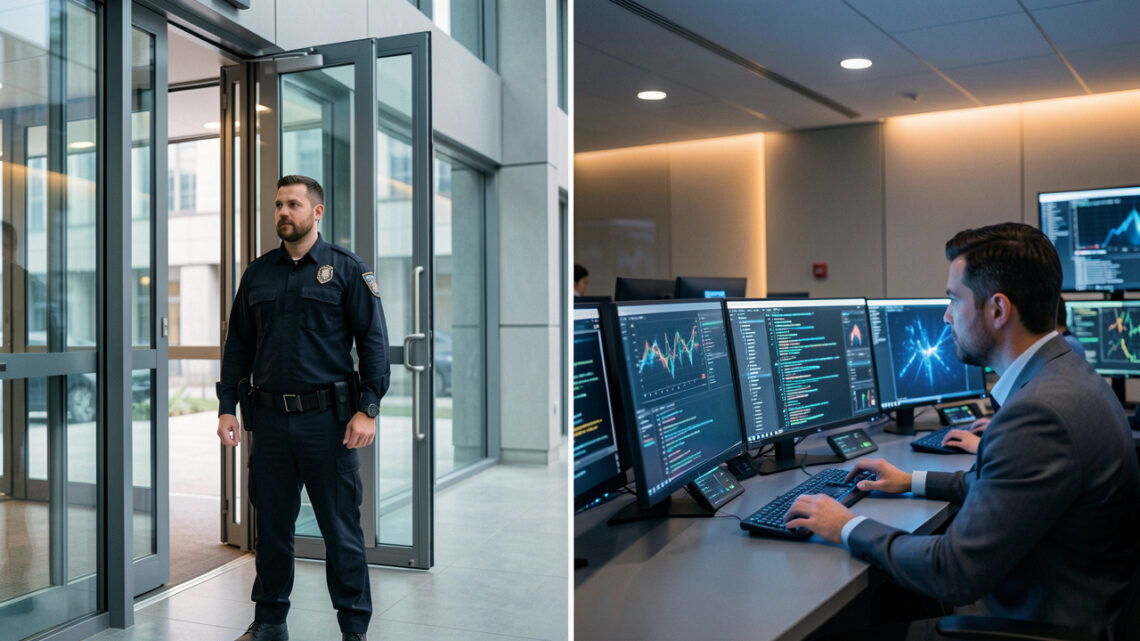 Un agent de sécurité surveille l’entrée d’un bâtiment moderne tandis qu’un analyste en cybersécurité travaille dans un centre de supervision informatique.