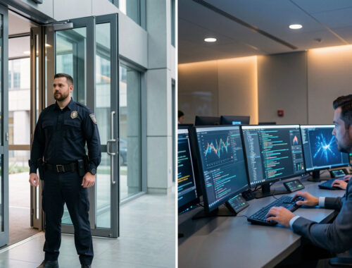 Un agent de sécurité surveille l’entrée d’un bâtiment moderne tandis qu’un analyste en cybersécurité travaille dans un centre de supervision informatique.