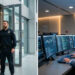 Un agent de sécurité surveille l’entrée d’un bâtiment moderne tandis qu’un analyste en cybersécurité travaille dans un centre de supervision informatique.