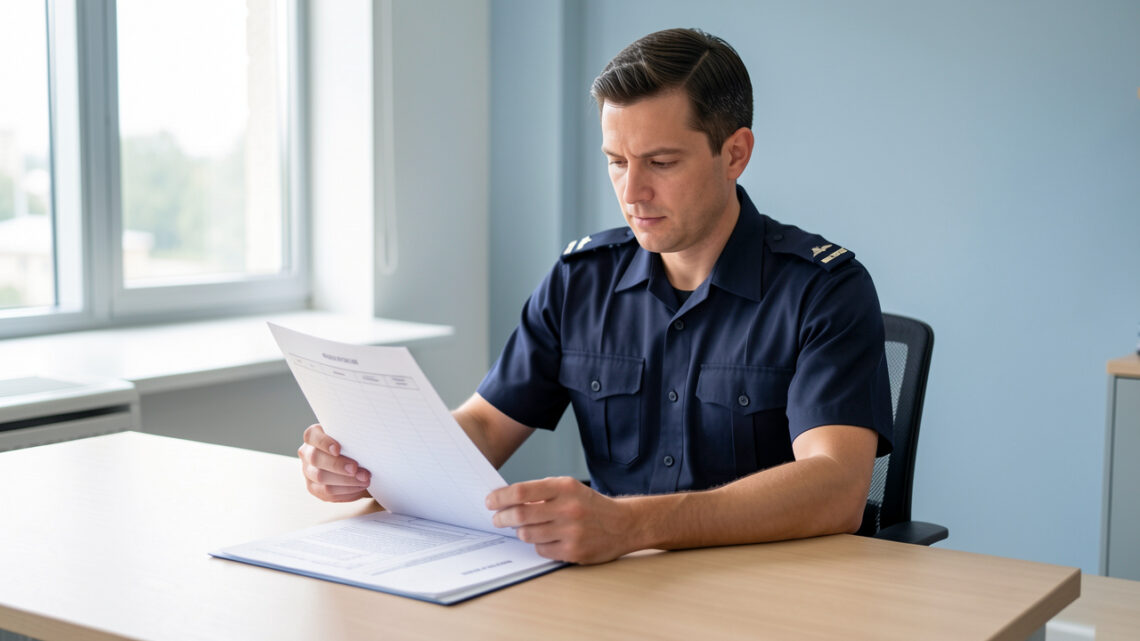 Agent public de sécurité en uniforme discret consultant des documents vierges à son bureau dans un environnement professionnel lumineux.