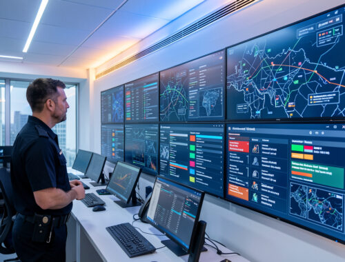 Agent de sécurité observant un mur d’écrans abstraits dans un poste de contrôle moderne et lumineux.