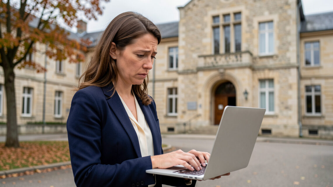Une femme candidate à un poste de conseillère principale d’éducation relit attentivement un courriel sur un ordinateur portable devant un établissement scolaire français.