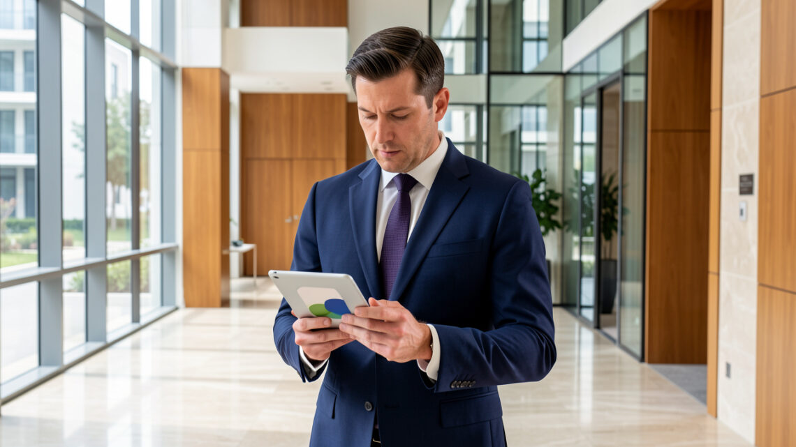 Un concierge professionnel consulte une tablette dans le hall moderne et lumineux d’une résidence.
