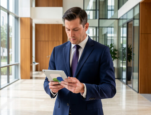 Un concierge professionnel consulte une tablette dans le hall moderne et lumineux d’une résidence.
