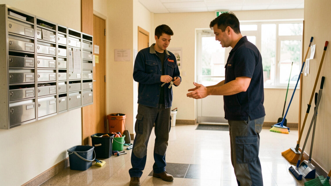 Un jeune homme apprend les bases du métier de gardien d’immeuble dans le hall propre d’une résidence, accompagné par un formateur.
