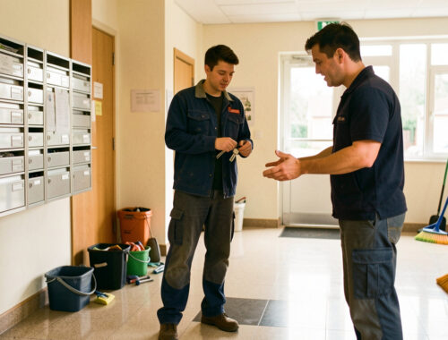 Un jeune homme apprend les bases du métier de gardien d’immeuble dans le hall propre d’une résidence, accompagné par un formateur.