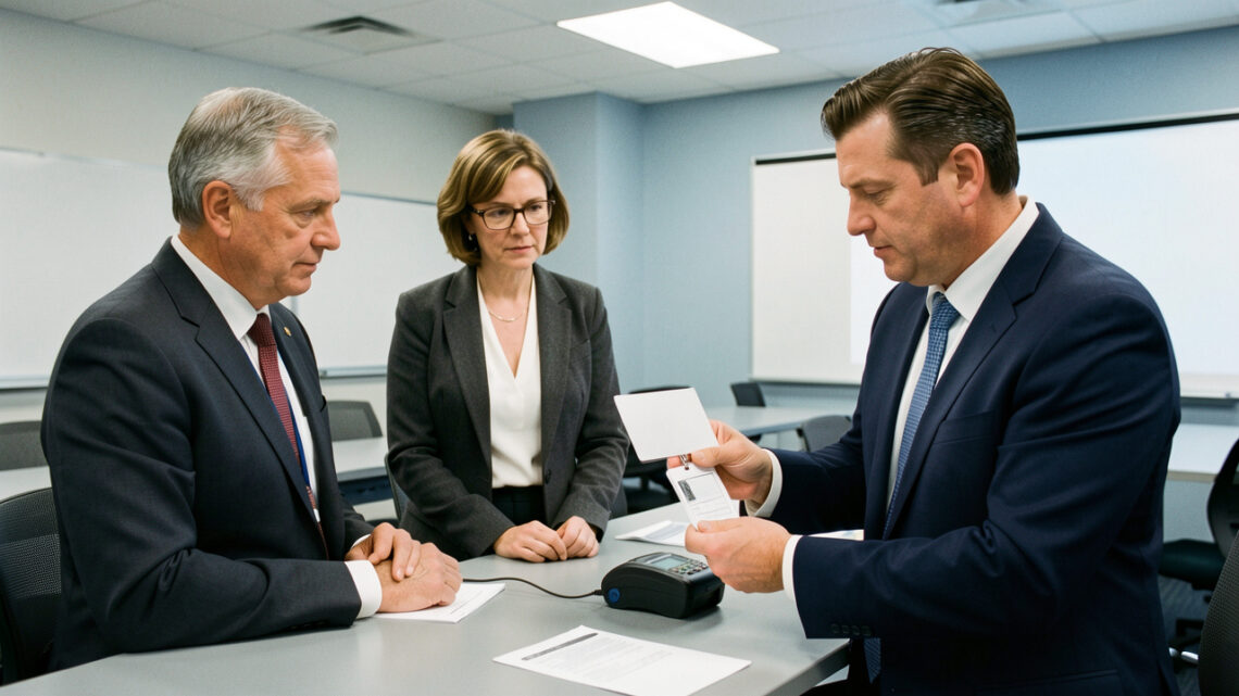 Un homme et une femme de plus de 50 ans suivent une formation de sécurité privée dans une salle de cours moderne, tandis qu’un formateur explique le contrôle d’accès avec un badge vierge et un lecteur posé sur une table.