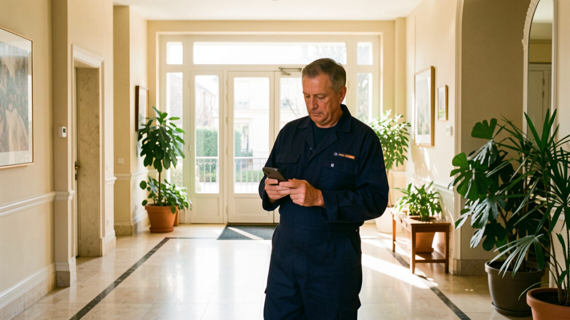 Gardien d’immeuble en tenue de travail consultant son smartphone dans le hall lumineux d’une résidence française.
