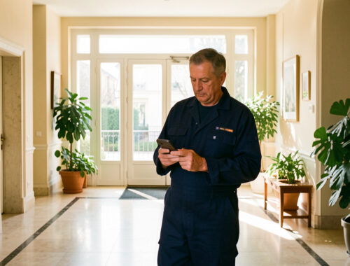 Gardien d’immeuble en tenue de travail consultant son smartphone dans le hall lumineux d’une résidence française.