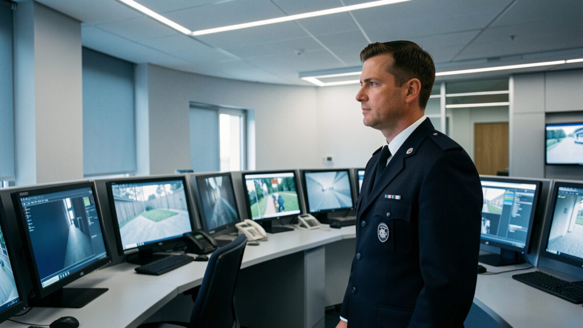 Un agent de sécurité observe plusieurs écrans de vidéosurveillance dans un poste de contrôle moderne en Allemagne.