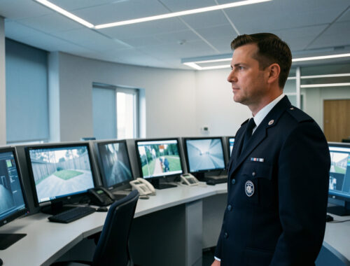 Un agent de sécurité observe plusieurs écrans de vidéosurveillance dans un poste de contrôle moderne en Allemagne.
