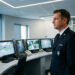 Un agent de sécurité observe plusieurs écrans de vidéosurveillance dans un poste de contrôle moderne en Allemagne.