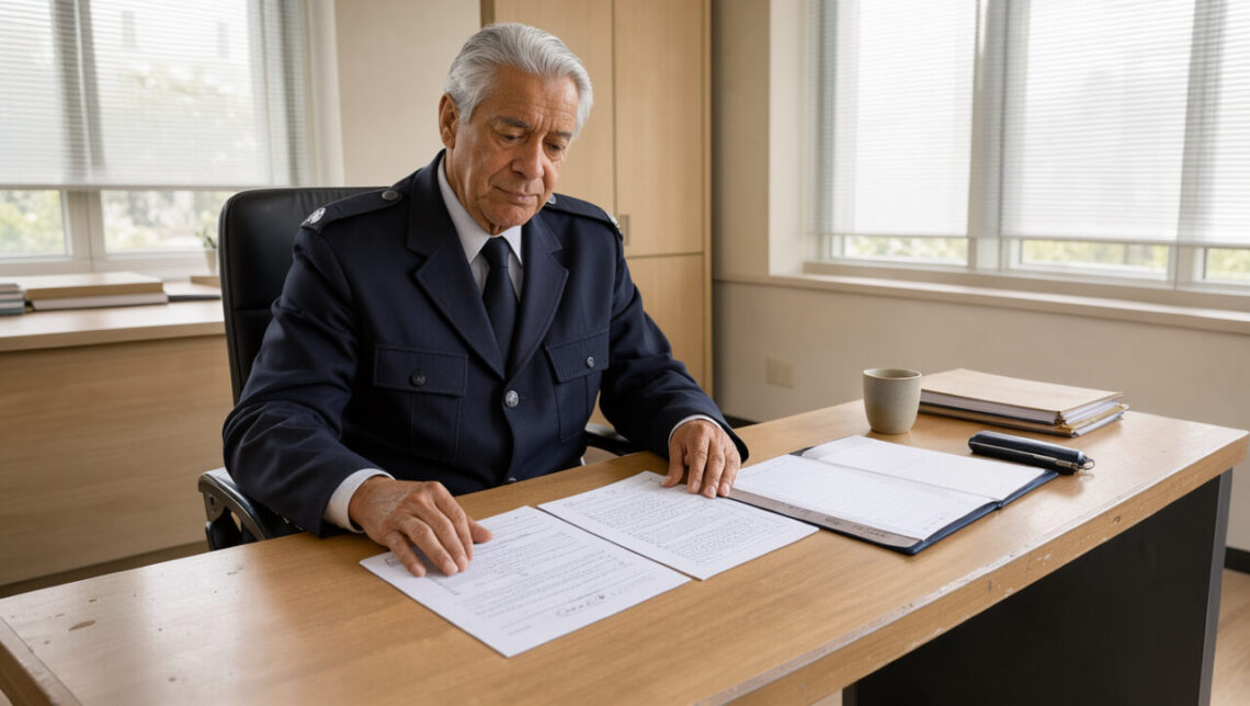Agent de sécurité retraité en tenue professionnelle consultant des documents administratifs dans un bureau lumineux.