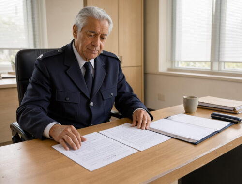 Agent de sécurité retraité en tenue professionnelle consultant des documents administratifs dans un bureau lumineux.