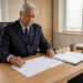 Agent de sécurité retraité en tenue professionnelle consultant des documents administratifs dans un bureau lumineux.