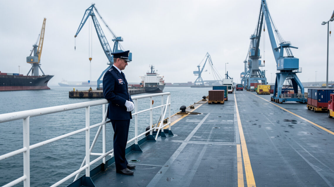 Agent de sûreté maritime en uniforme contrôlant les accès sur le pont d’un navire commercial dans un port français.