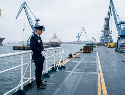 Agent de sûreté maritime en uniforme contrôlant les accès sur le pont d’un navire commercial dans un port français.