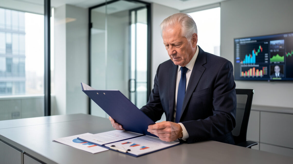 Un dirigeant senior d’une agence de sécurité examine un dossier de retraite et des graphiques financiers abstraits dans un bureau moderne et lumineux.