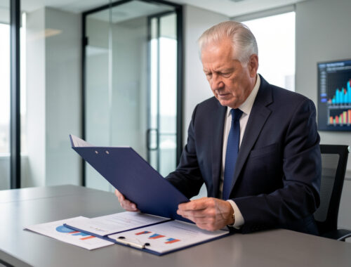 Un dirigeant senior d’une agence de sécurité examine un dossier de retraite et des graphiques financiers abstraits dans un bureau moderne et lumineux.